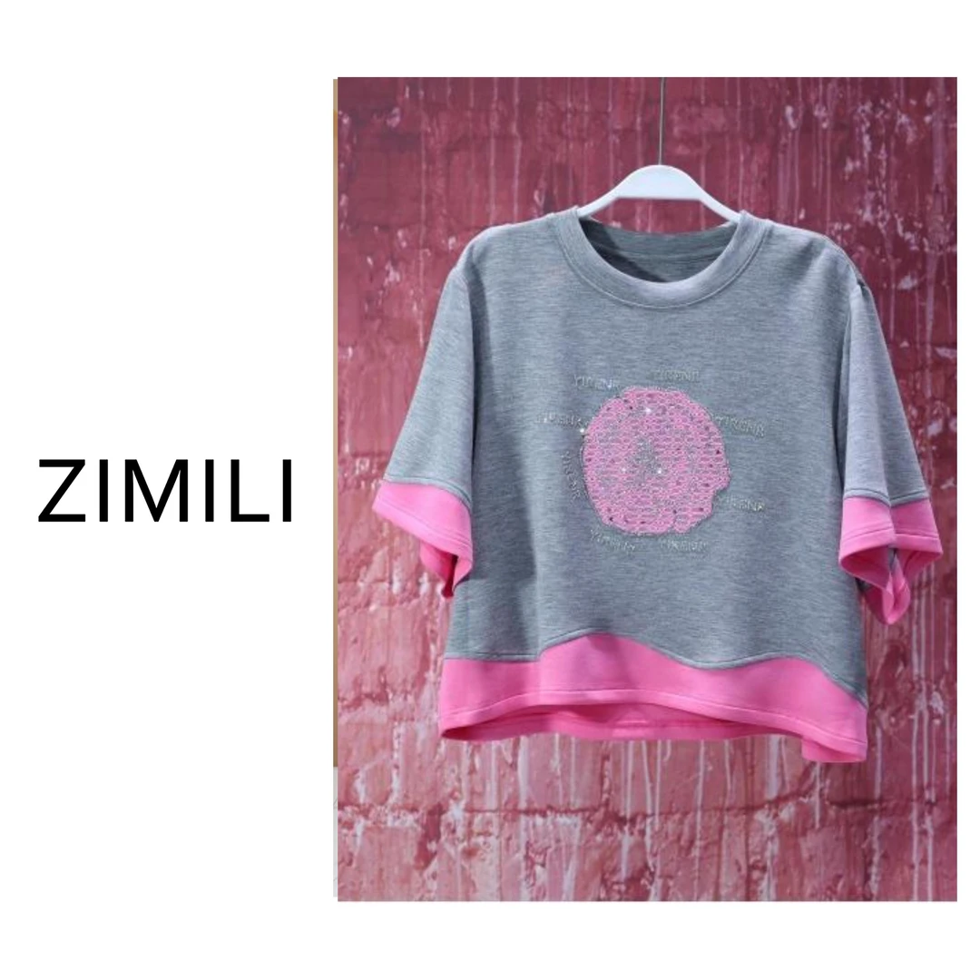 【亮哥女装】2025欧货设计师轻薄透气灰色拼色欧版休闲T恤8286