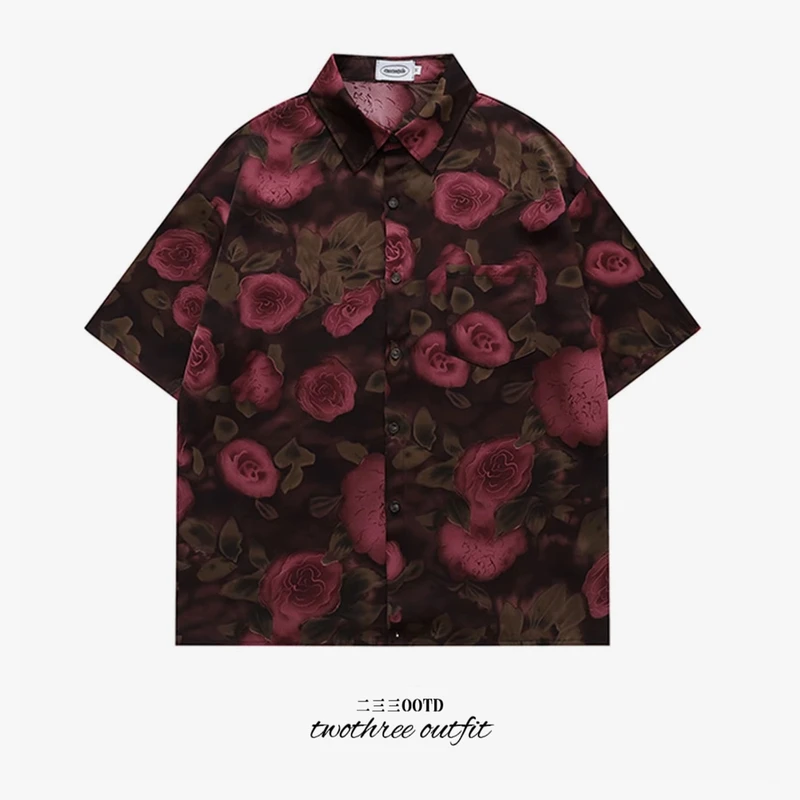 暗紫雅痞浪漫玫瑰花休闲五分袖夏季港风宽松衬衫设计感短袖男女