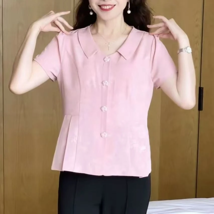 夏季短袖上衣修身显瘦时尚洋气小衫气质减龄妈妈装娃娃领上衣