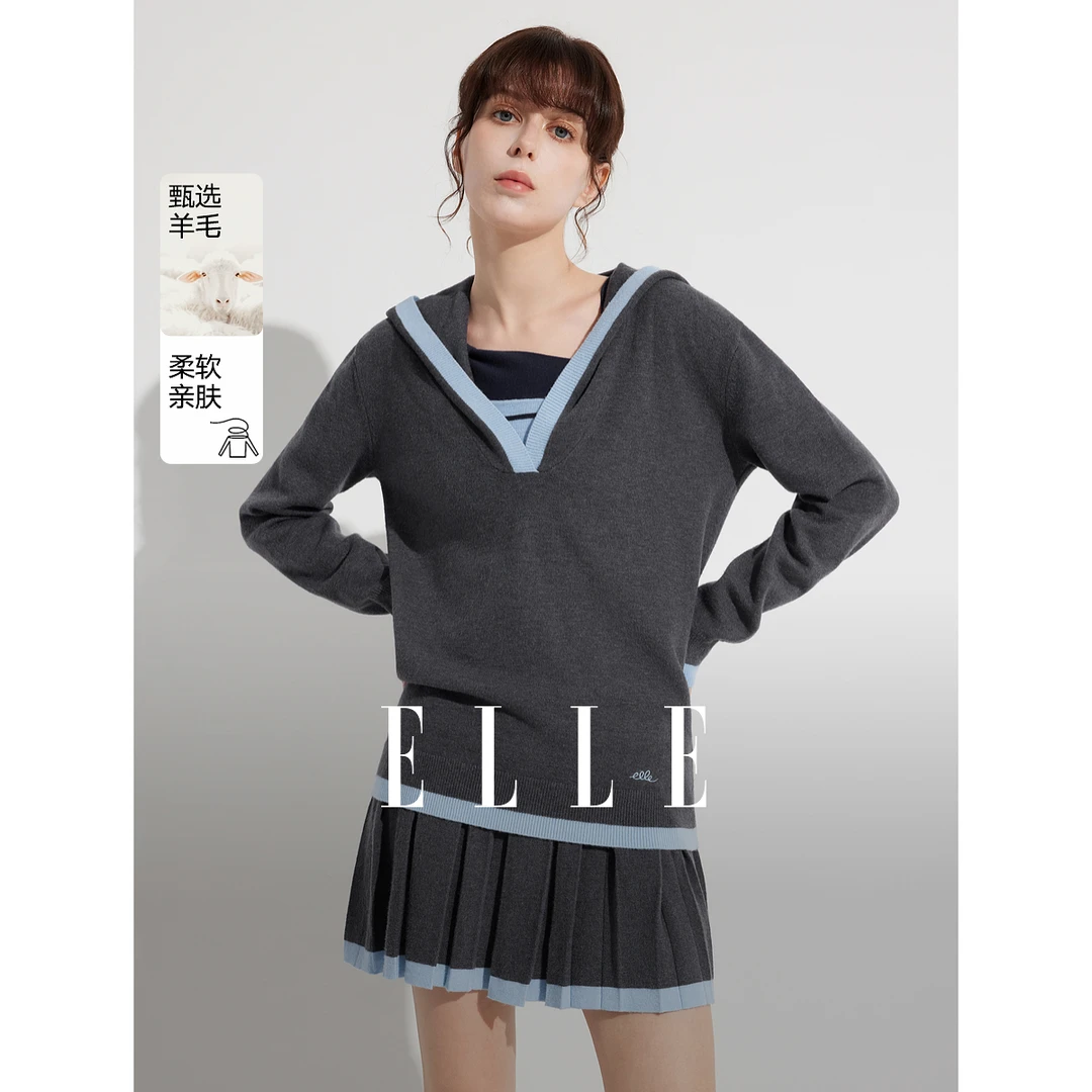 ELLE中灰色学院感撞色套头针织衫女2025春季新款EZ50778