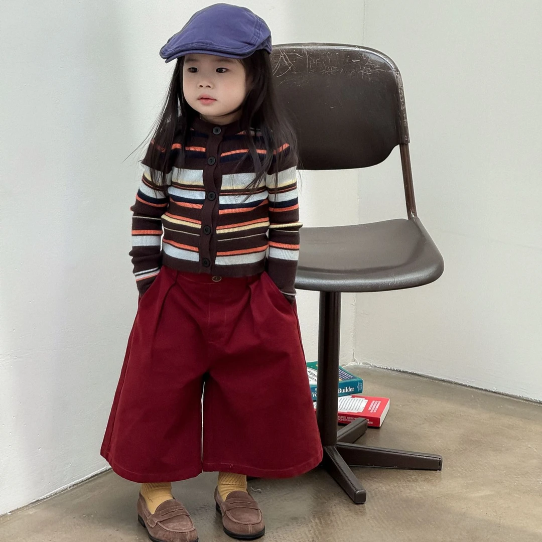 甜小七2025秋季新款韩版洋气女童复古条纹毛衣开衫纯色阔腿裤套装