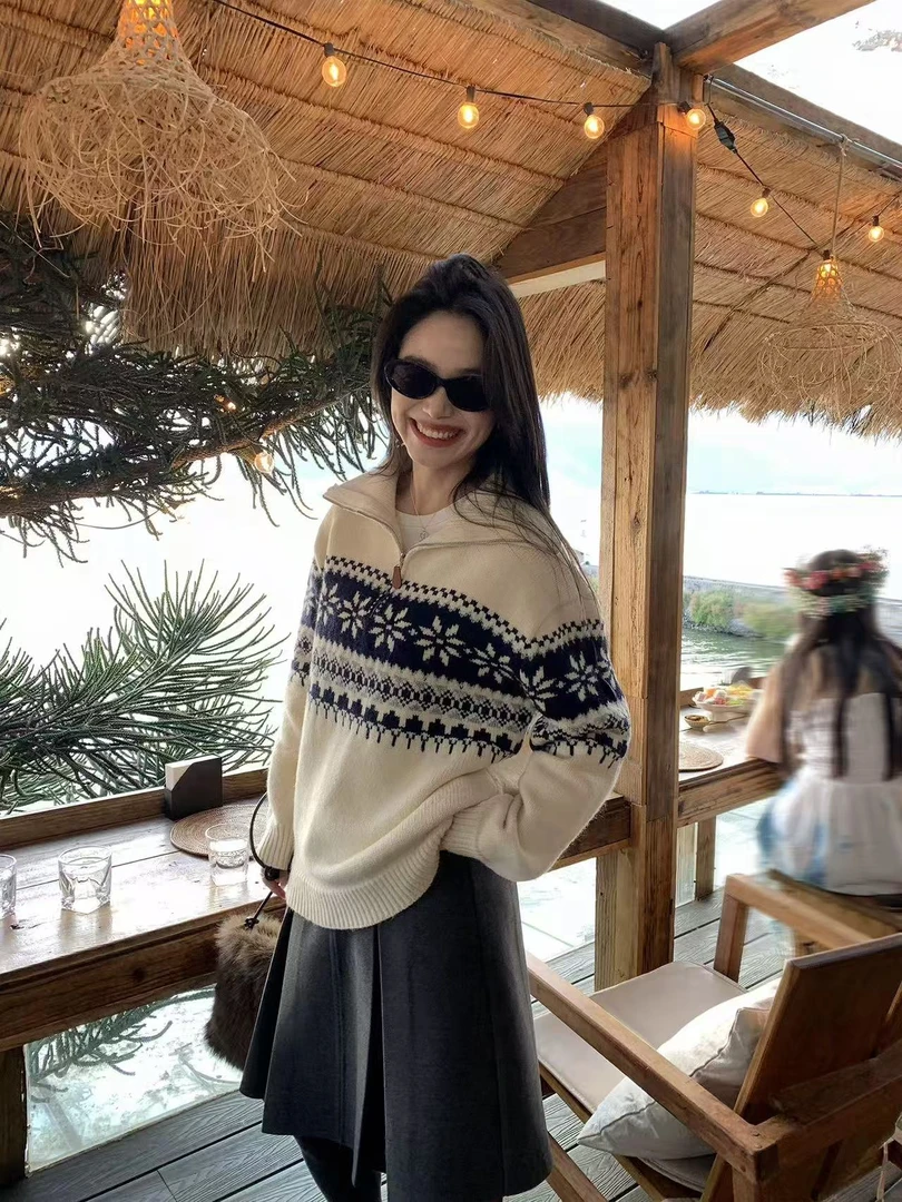 新款女式纯羊毛针织衫雪花半拉链翻领时尚百搭宽松民族风秋冬