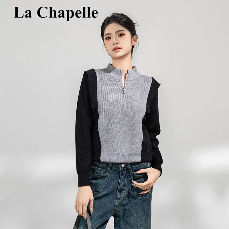 拉夏贝尔复古气质撞色设计感针织衫女装秋季新款时尚显瘦长袖上衣