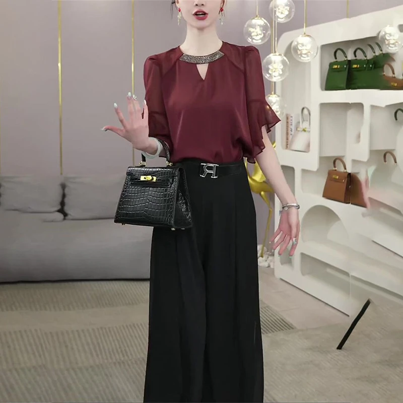 法式时尚夏套装女气质优雅短袖雪纺衫高级休闲阔腿纱裤减龄两件套