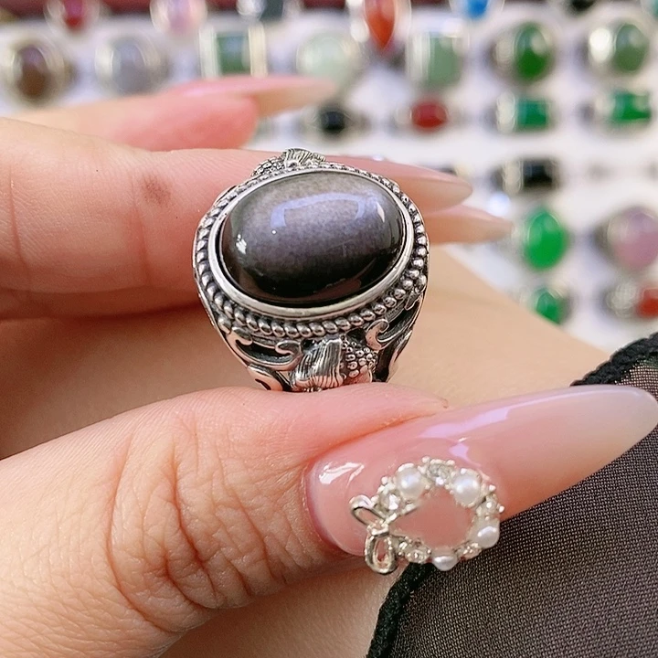 银S925镶嵌黑曜岩戒指