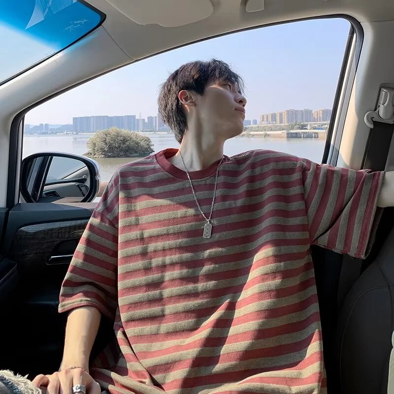 美式复古红色条纹短袖男夏季新款宽松休闲圆领t恤正肩情侣半截袖