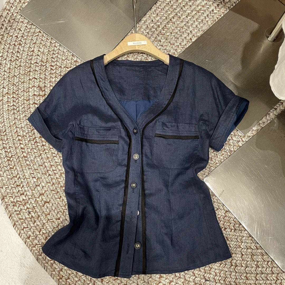 鑫燃KIKI  100麻小香中古廓型修身衬衫外套  5105 WU