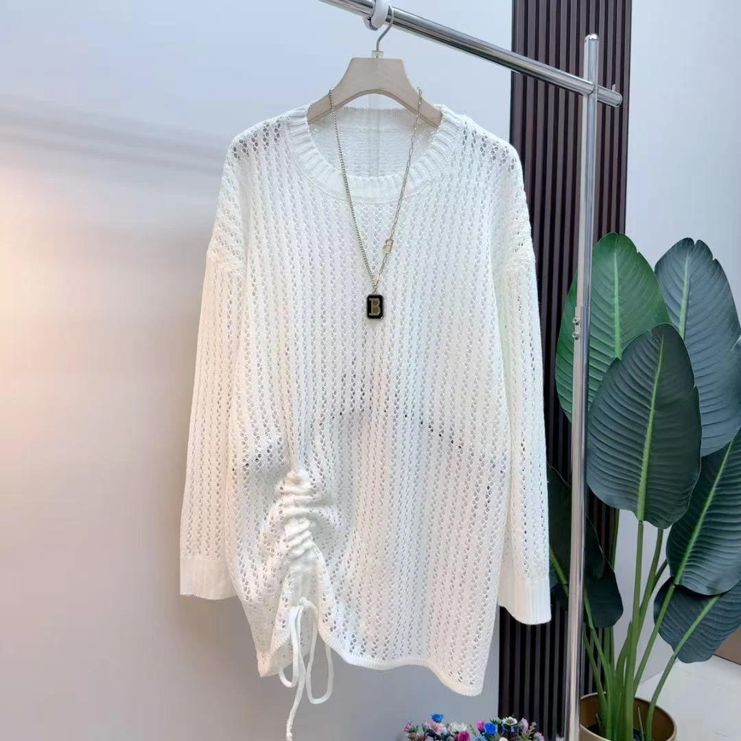 胖mm欧货时尚气质显瘦早秋长袖抽绳百搭宽松2571镂空简约针织衫