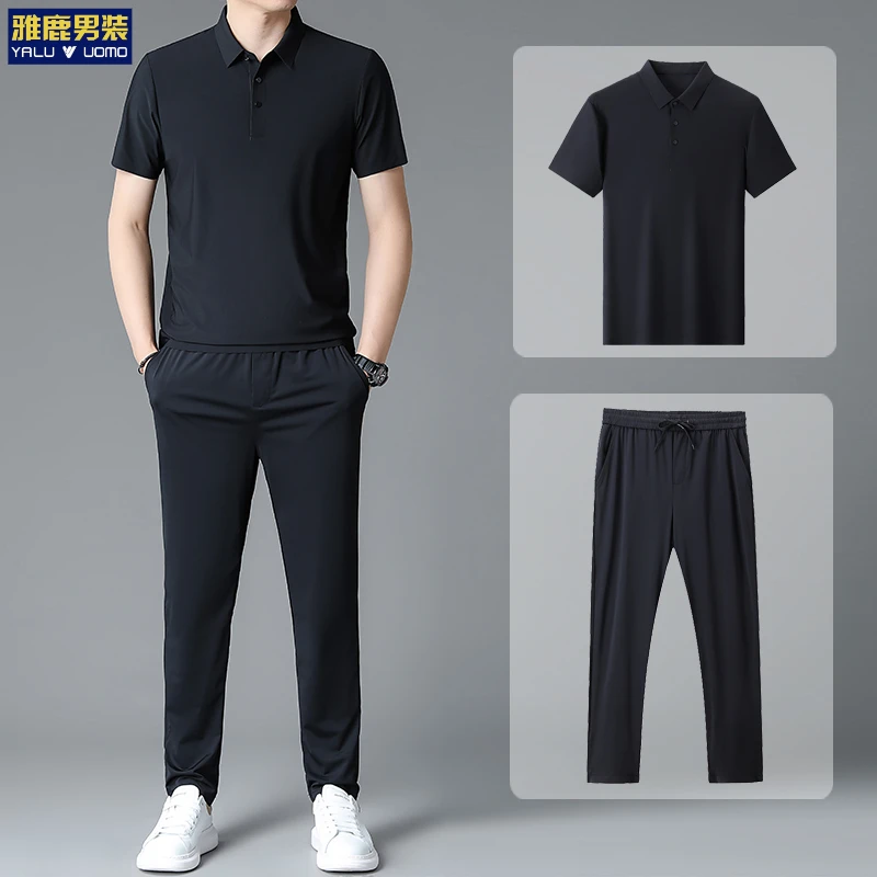 雅鹿男装夏季新款高档商务男士POLO衫休闲长裤短袖纯色时尚套装男