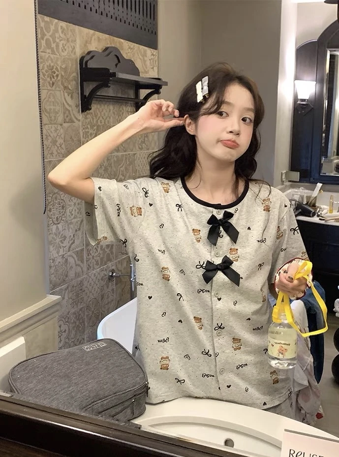 【黑巧小熊】夏季新款蝴蝶结小熊睡衣女短袖长裤可外穿家居服套装