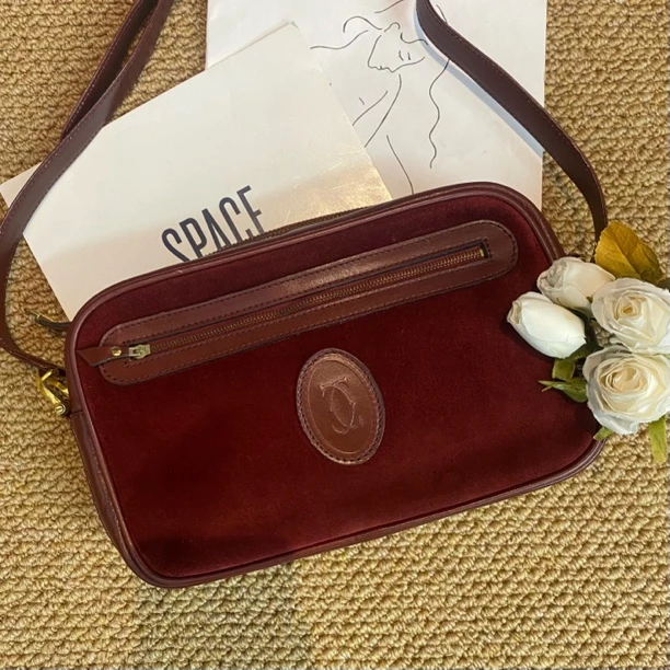 95新  cartier卡地亚中古小号波尔多红麂皮单肩包斜挎包