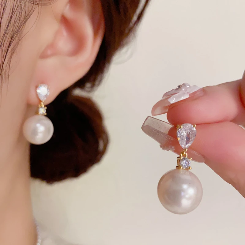 铜合金锆石耳饰 气质百搭锆石仿珍珠耳环精致优雅女款925银镀层时