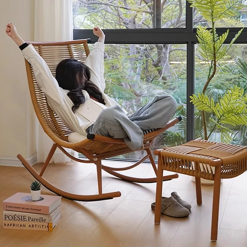 美物俪家藤编摇椅午睡摇摇椅午休躺椅靠椅舒服久坐休闲阳台椅子