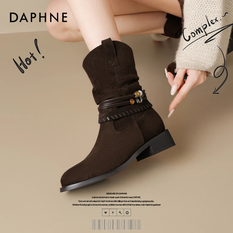 达芙妮网红爆款英伦风西部牛仔靴女款25秋季新款尖头粗跟流苏短靴