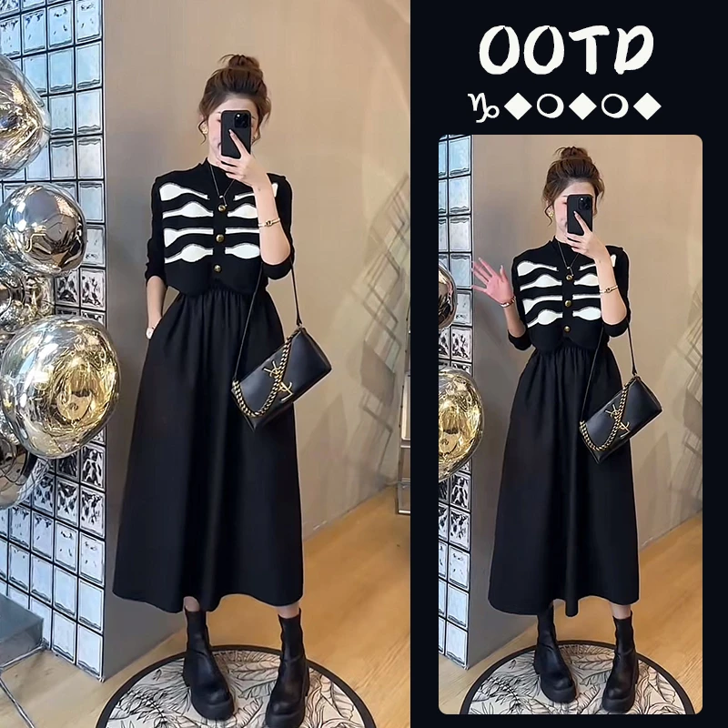 今年流行穿搭一整套2025新款纽扣无袖针织马甲中长款连衣裙两件套