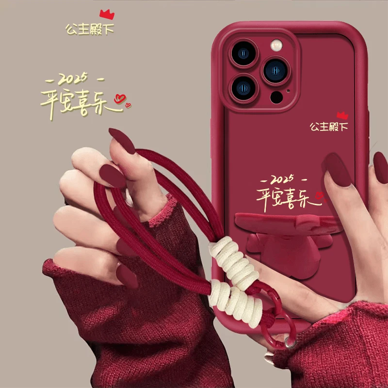 适用于【苹果14pro】平安喜乐新年猫咪补妆镜支架手机壳防摔女款