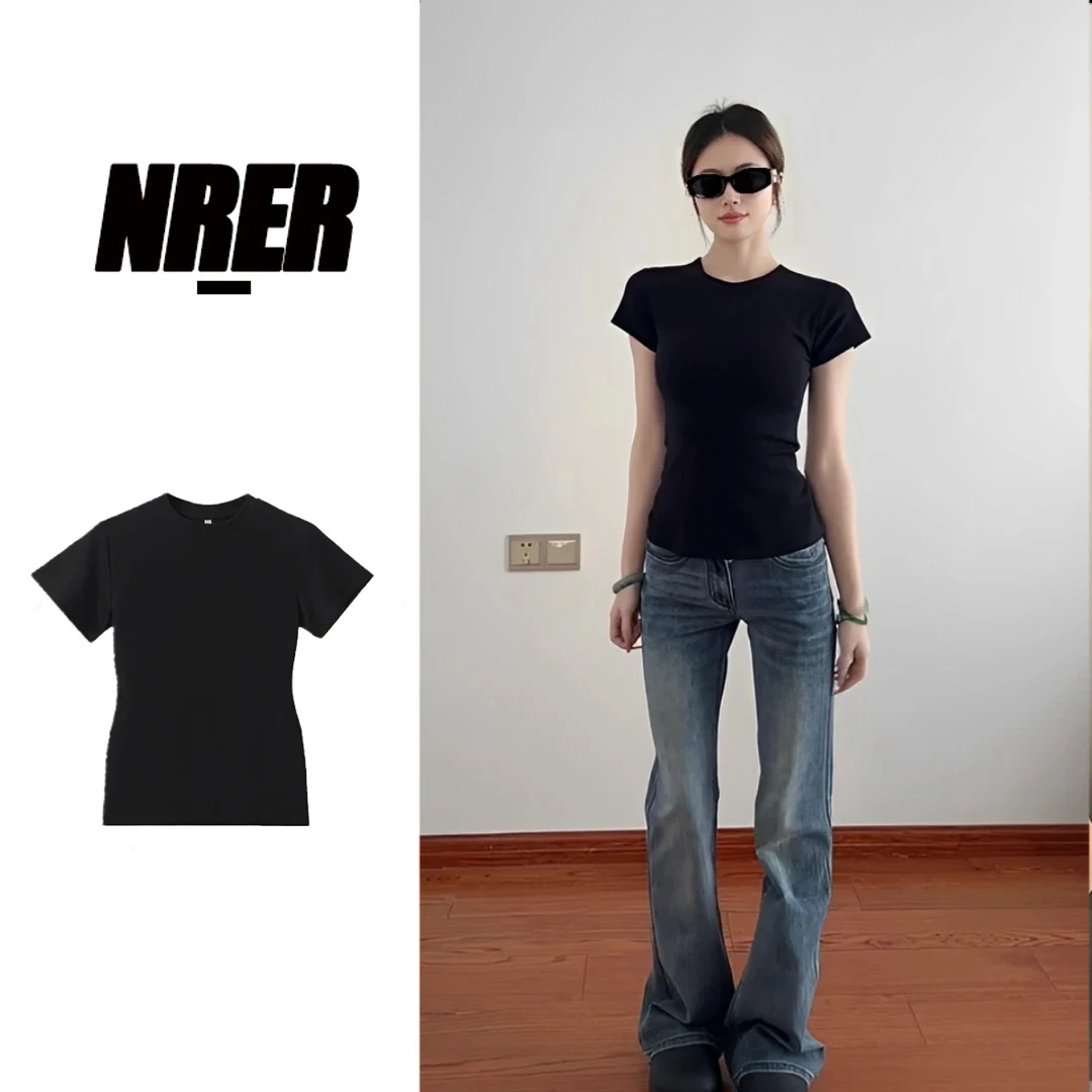 FNFE「收腰修身款」韩系短袖t恤女圆领休闲黑色瘦身显瘦甜美上衣女