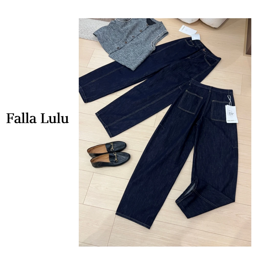 @英子家，深蓝显瘦休闲街头感高腰阔腿弯刀拖地牛仔裤C1941