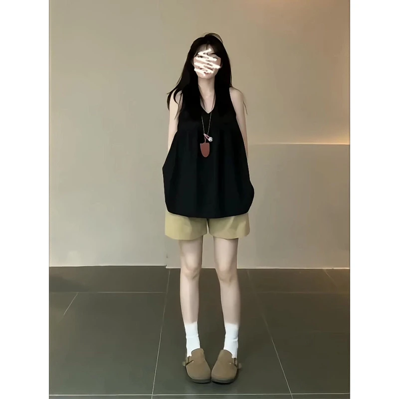 女装夏季新款时尚套装韩系V领宽松背心上衣气质百搭高腰阔腿短裤