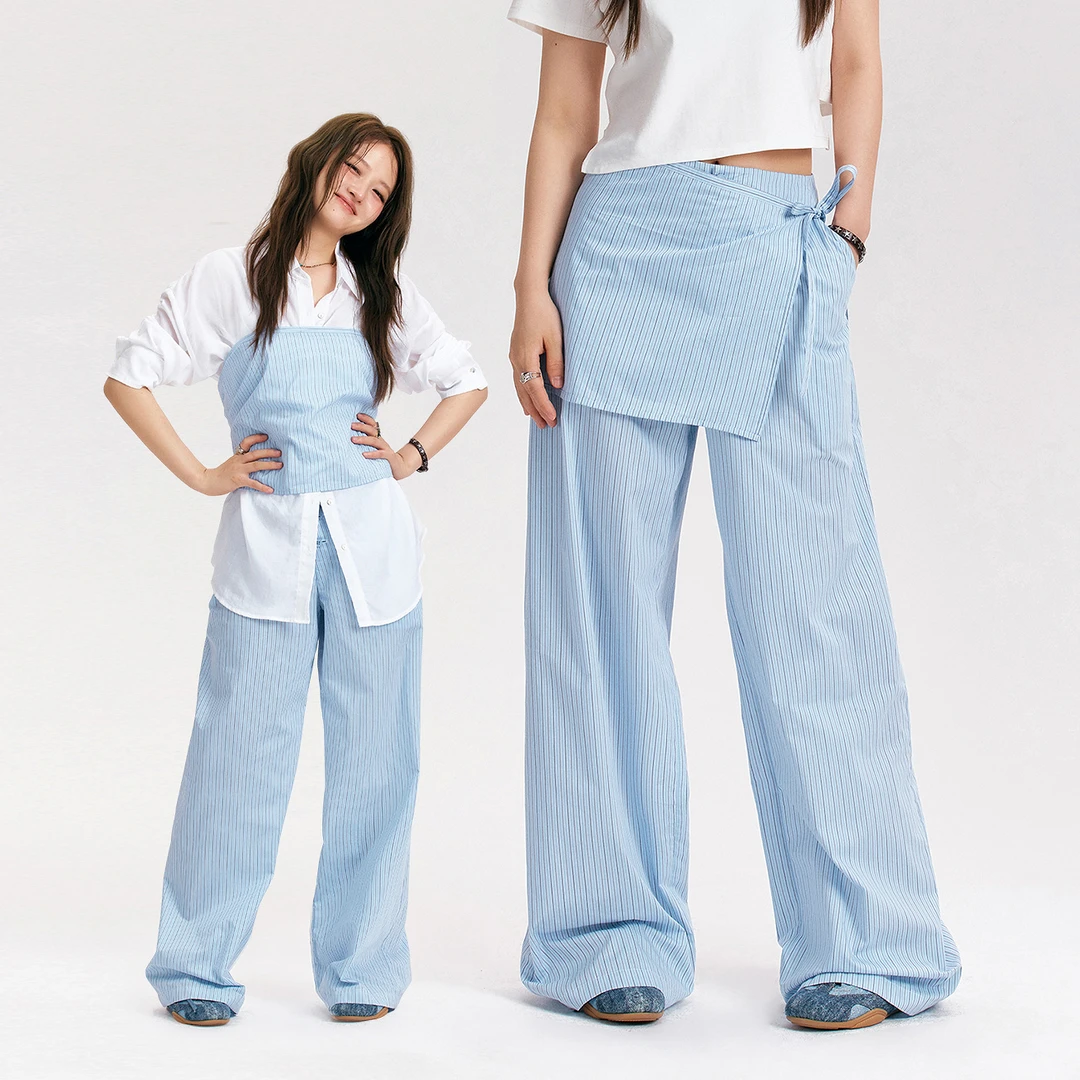 NO ONE ELSE美式复古女装秋季可拆卸屁帘工装长裤条纹阔腿休闲裤