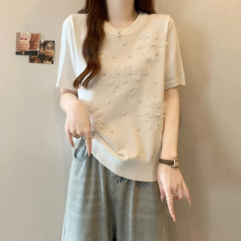 法式钉珠蕾丝立体花朵冰丝针织衫女夏季气质圆领短袖T恤套头上衣