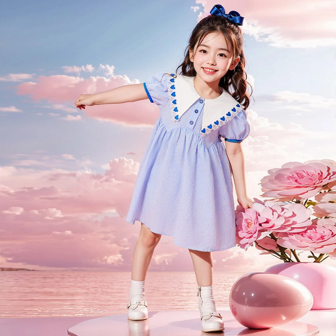 女童暑假出游季儿童裙子小童娃娃领学院风连衣裙JQZZ05543F【2】