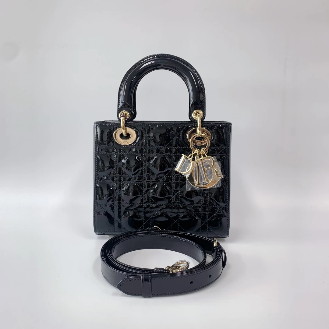 99新 DIOR/迪奥 黑色金扣亮皮四格戴妃手提斜挎包
