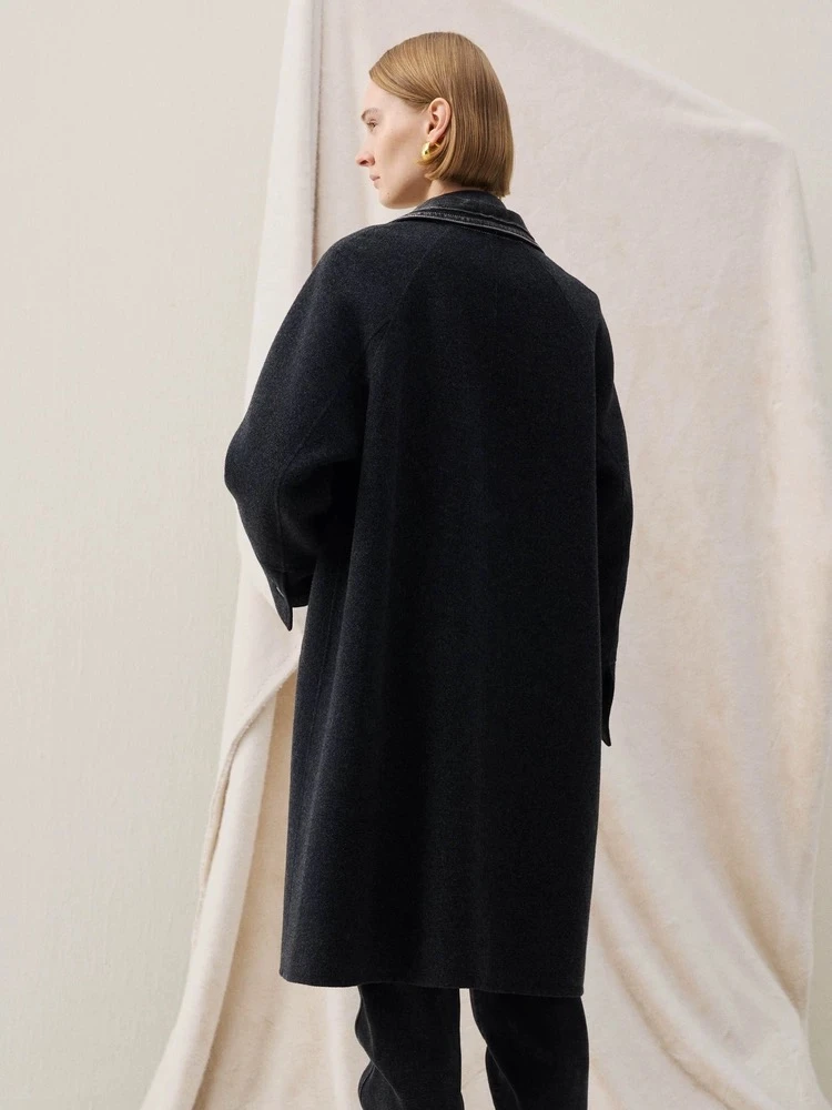 谜底大廓形大衣长袖2025冬季新品绵羊毛复古牛仔拼接女254MD1708