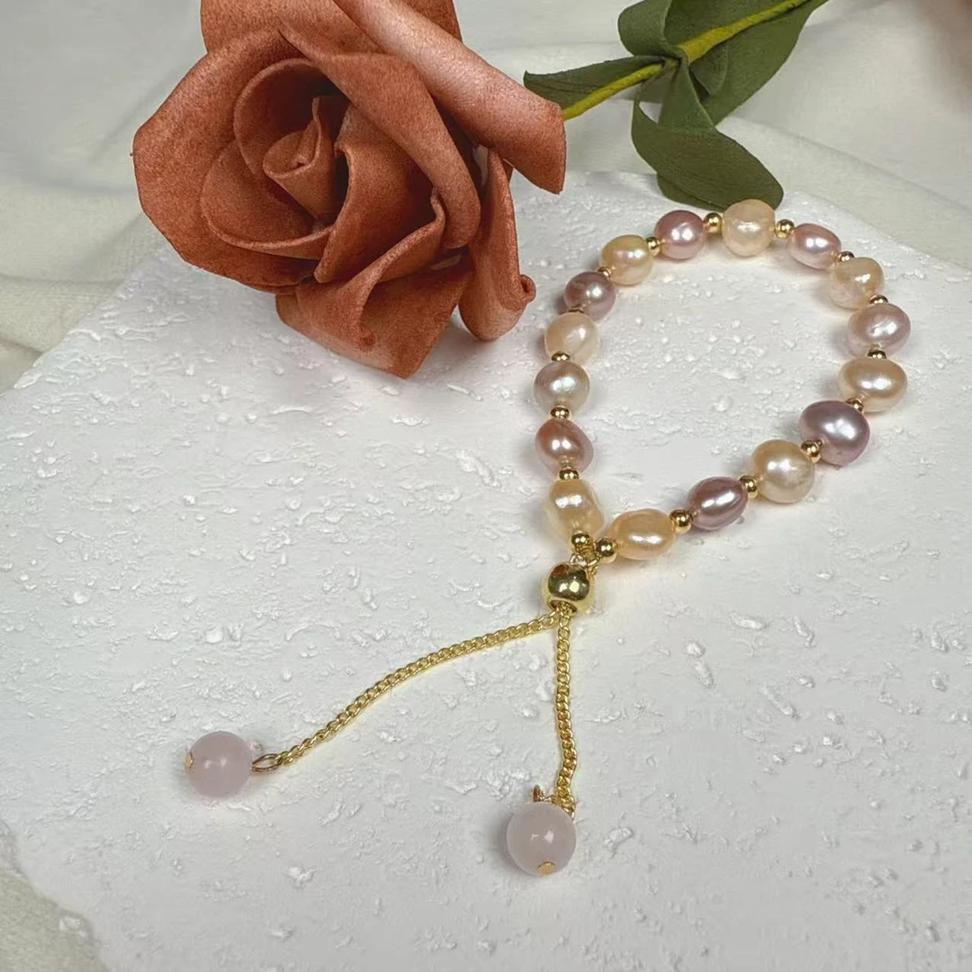 【巴洛克】7-8mm淡水无核珍珠合金糖果色百搭手链DSL00624