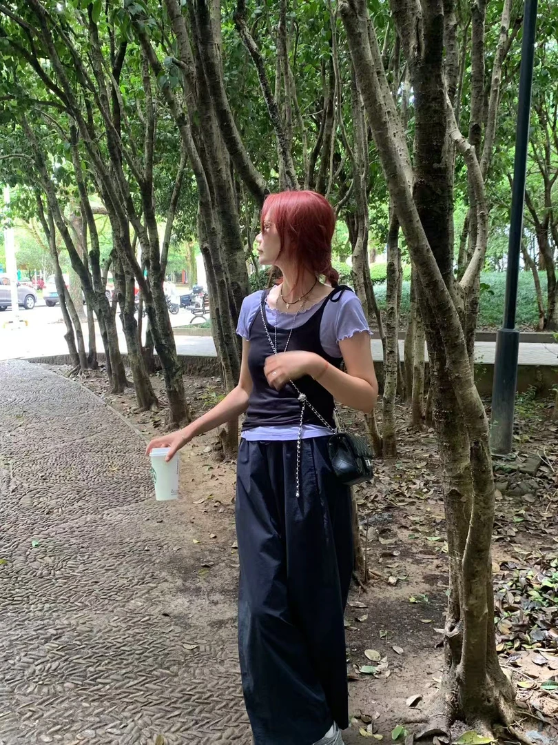 Maostuff 夏季新款2025韩国小众复古甜美木耳边短袖T恤吊带两件套