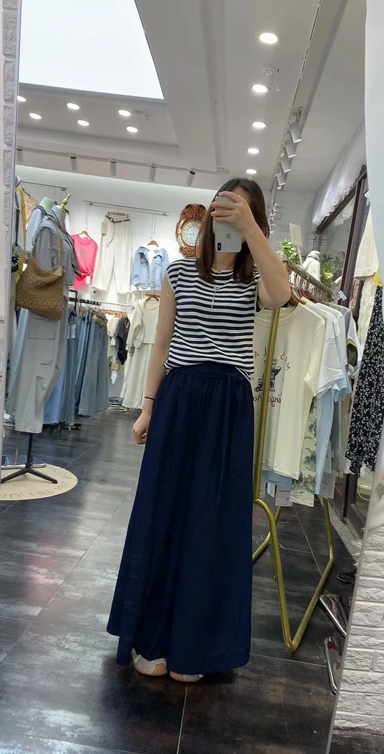 夏季新品修身显瘦条纹衫宽松韩版裤裙两件套套装女时尚气质潮网红