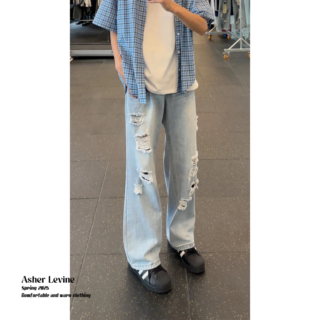 美式破洞牛仔裤男款2025夏季小众设计感vibe裤子直筒宽松阔腿裤子