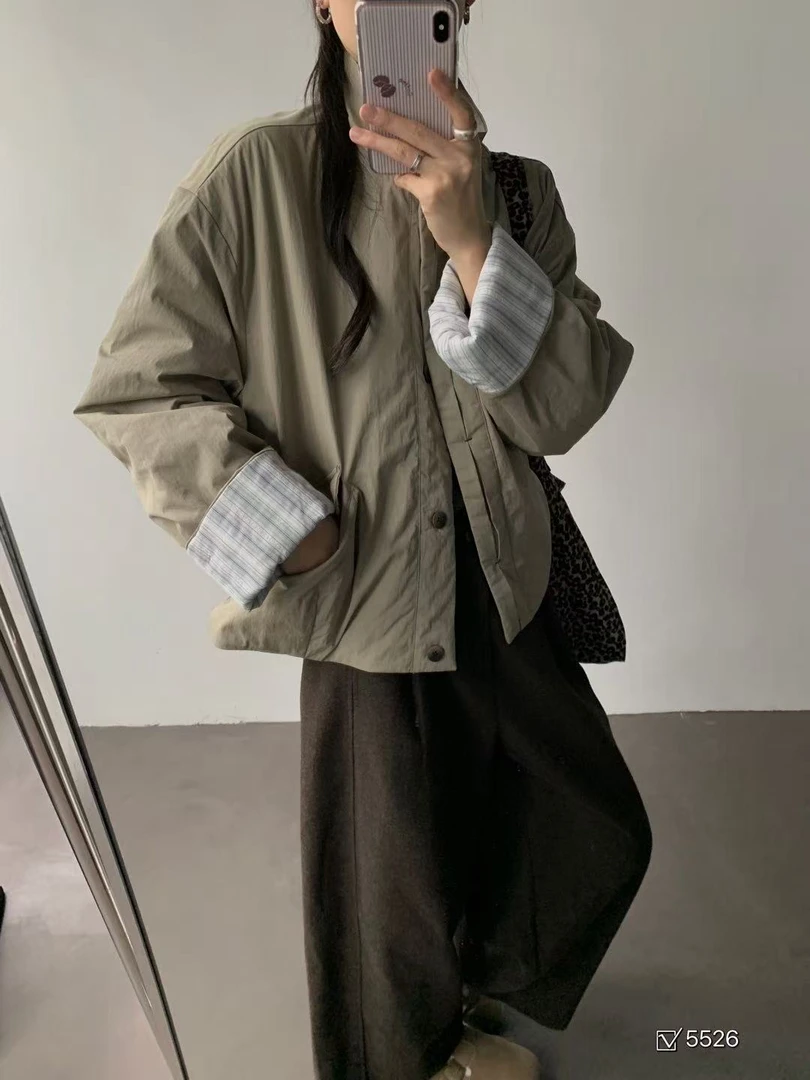 FUJIA STYLE新款时尚百搭简约气质休闲纯色拼接条纹立领外套M5526