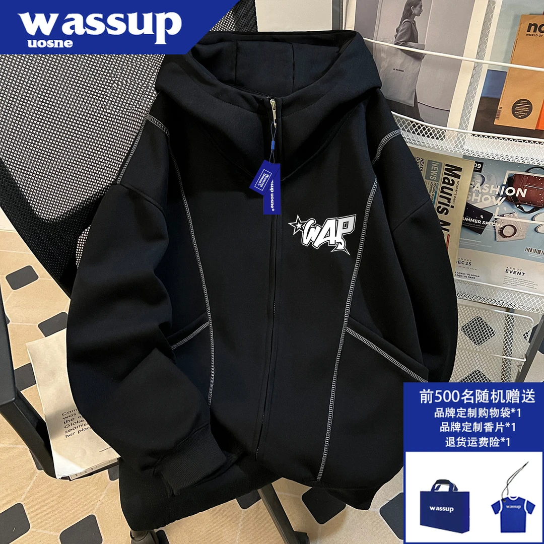 WASSUP UOSNE街头廓形明线设计连帽卫衣男秋季款vibe硬挺拉链外套