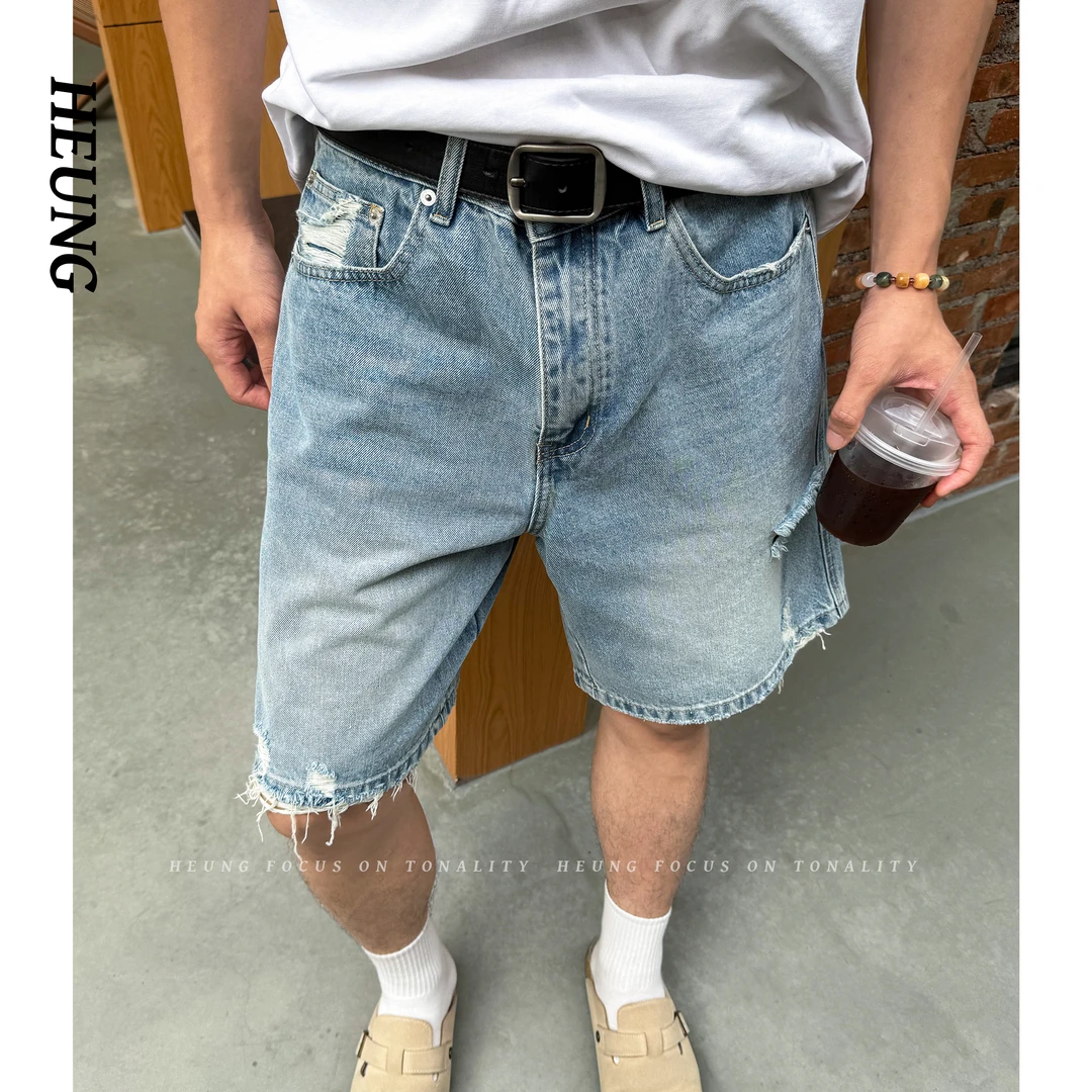 夏季美式休闲痞帅重磅复古破洞牛仔短裤男直筒宽松高街潮流五分裤