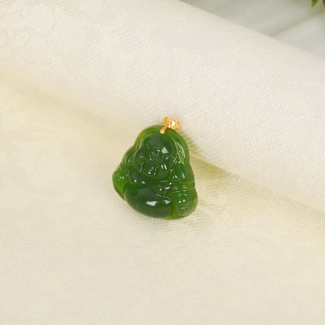 【熊总夫妇】碧玉18K金精美佛公吊坠-约18*18*6mm