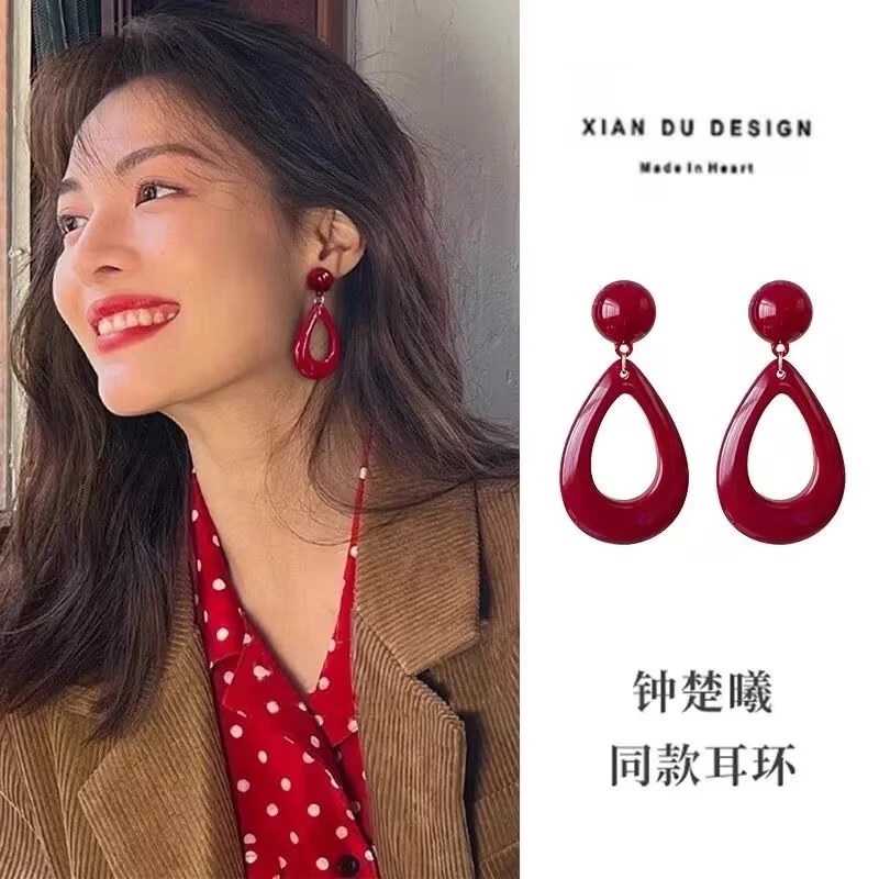 钟楚曦同款红色水滴耳环女港风气质感耳饰2025新款耳钉