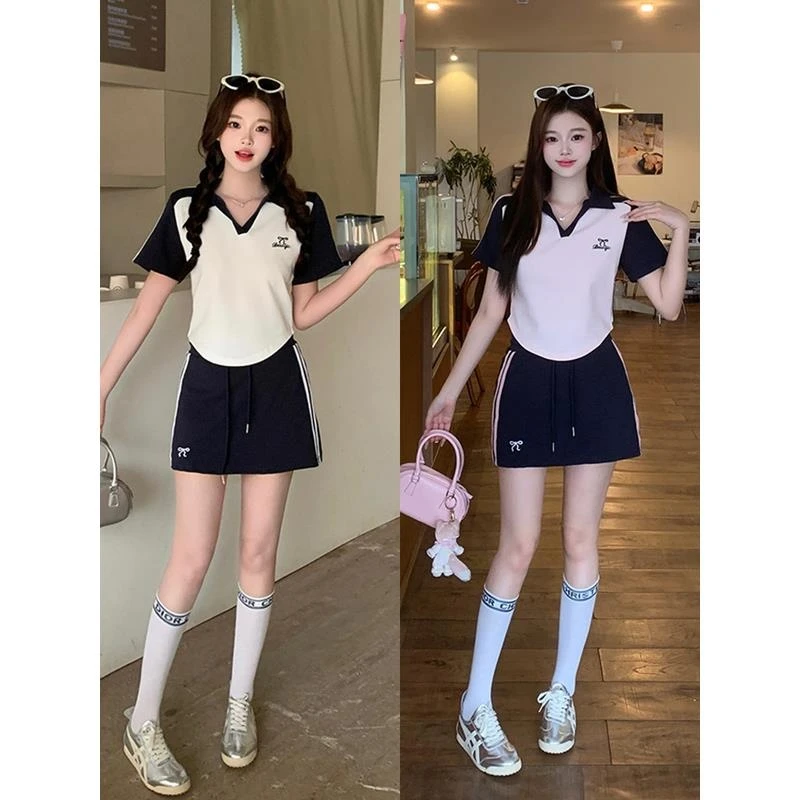 2025夏装新款胖mm大码女休闲运动风百搭显瘦插肩短袖半身短裙套装