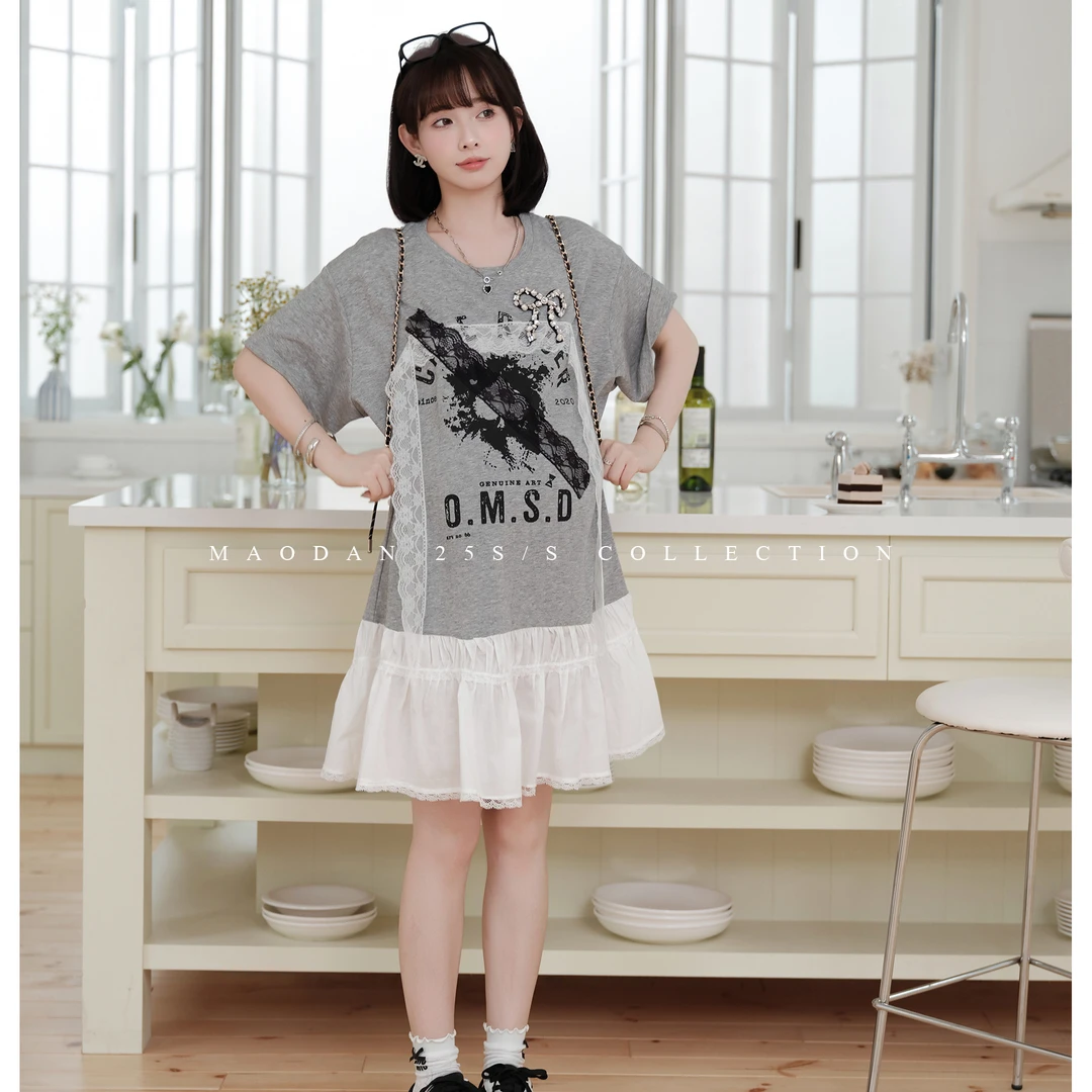 maodan/猫单【釜山小纪】孕妇装夏季圆领蕾丝拼接印花极简风连衣裙