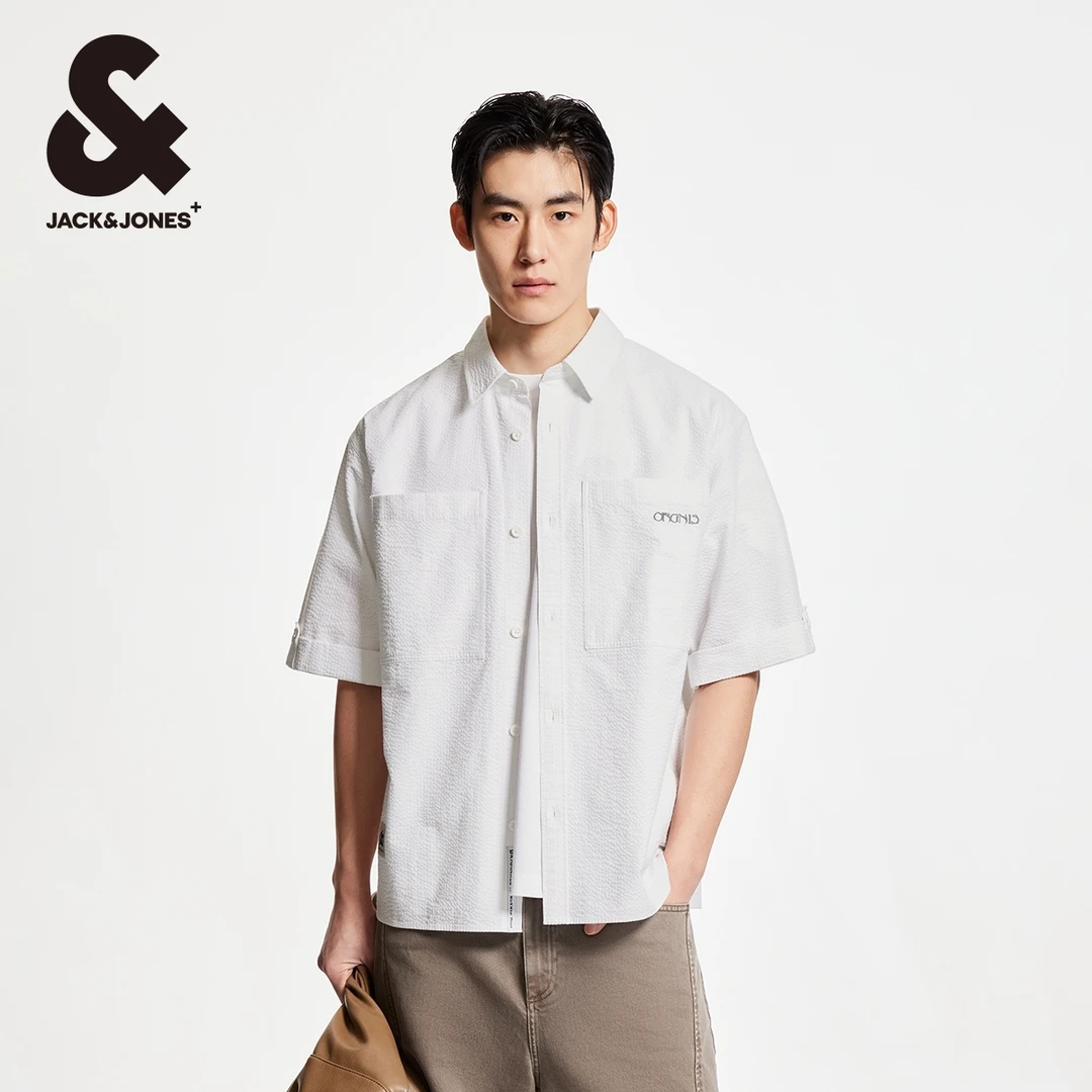 杰克琼斯秋季肌理感泡泡纱字母刺绣潮流百搭短袖上衣宽松衬衫男装