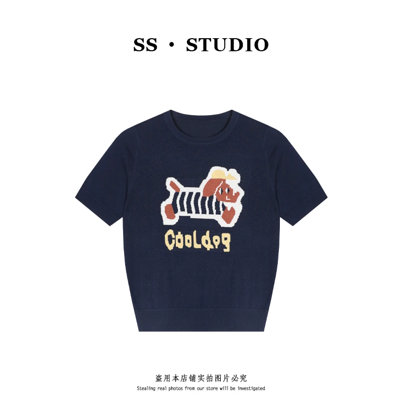 【SUSU】时尚休闲小狗提花圆领针织衫夏季凉感丝短袖上衣SS-5557