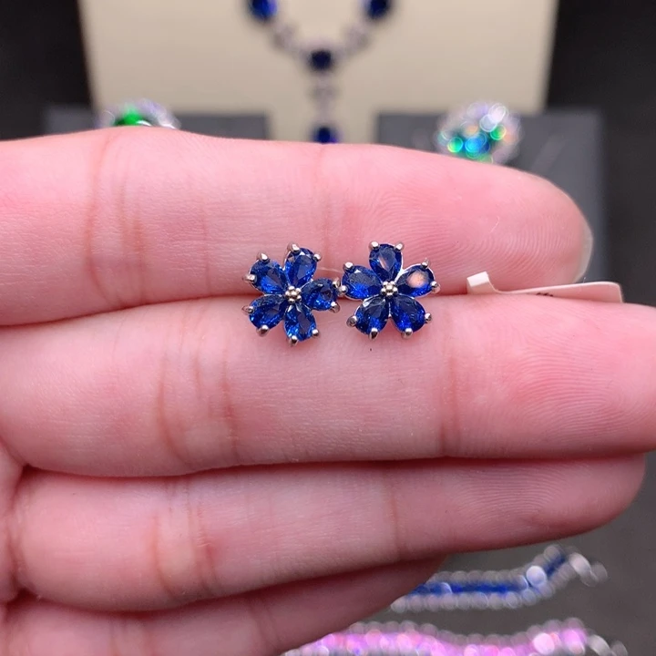 蓝宝石耳饰银S925镶嵌