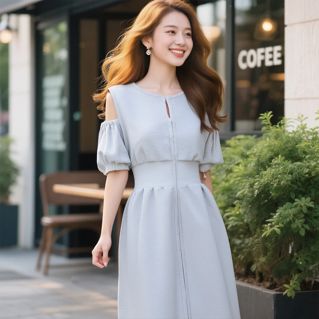 连衣裙裙子显瘦气质长裙夏季法式收腰中长款女装设计感泡泡袖短裙