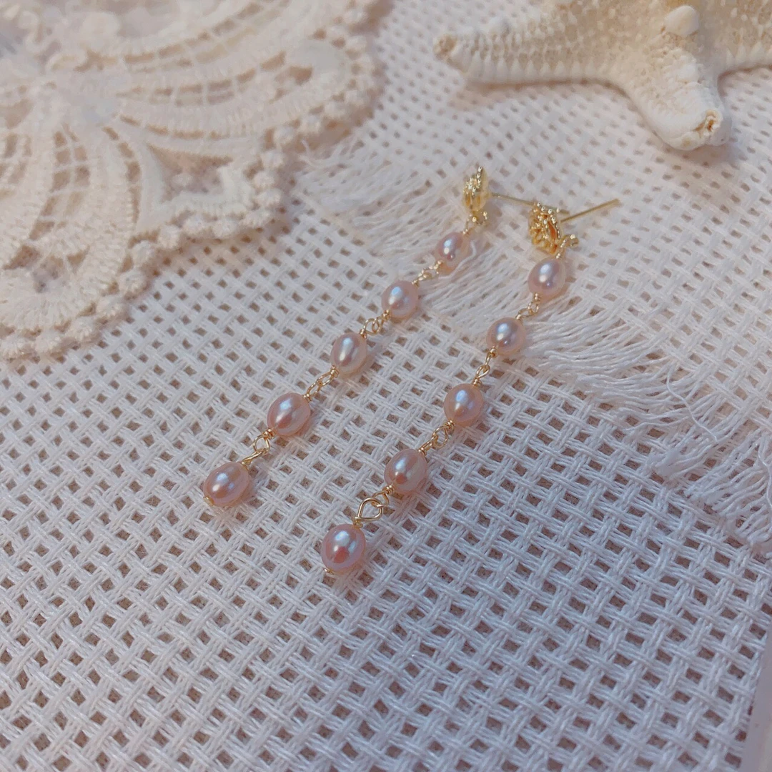 925银耳饰 【玫绯】蜜桃色系粉紫小米粒玫瑰花长款耳饰文艺甜美法式