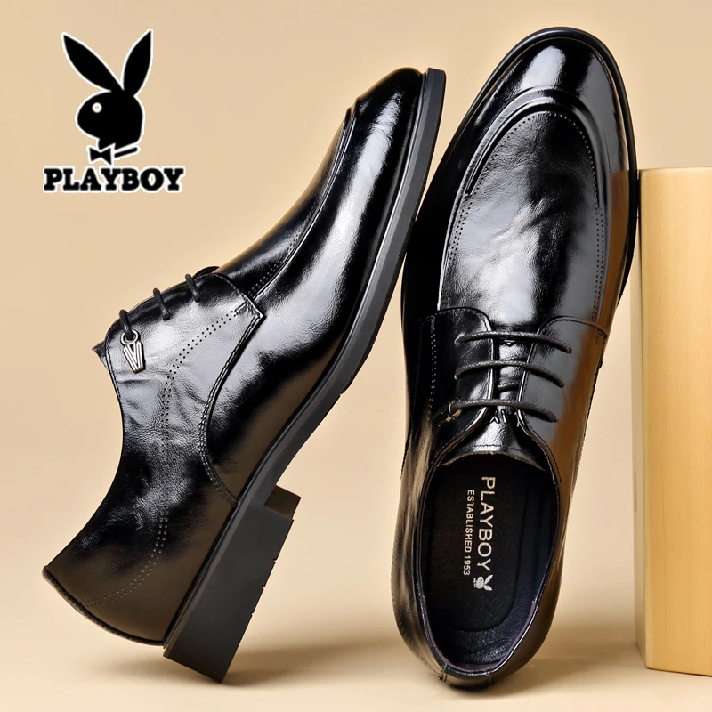 花花公子男士皮鞋真皮商务正装尖头黑色内增高结婚新郎鞋大码小码