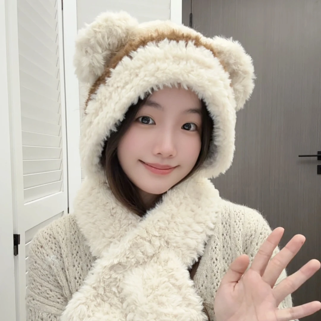 Stuuuly手工 小熊帽子围巾一体手混线皮草冬日保暖编织diy材料包