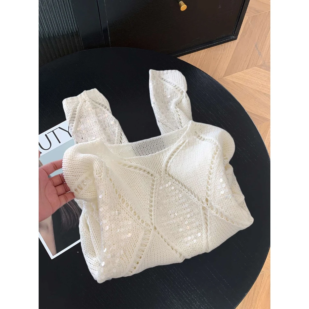 温柔风气质名媛重工亮片套头毛衣女春秋慵懒风白色菱格镂空针织衫