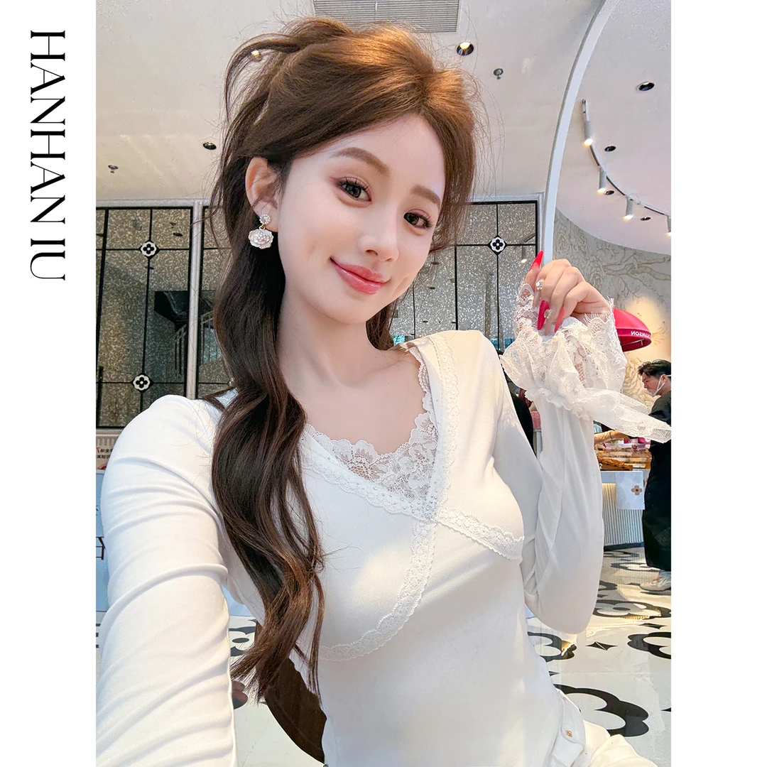 韩韩IU【美神契约】时尚精致蕾丝V领长袖修身打底T恤女上衣秋冬款