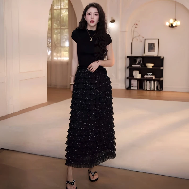 夏日绝美穿搭套装2025新款韩系减龄针织短袖上衣波点蛋糕裙两件套