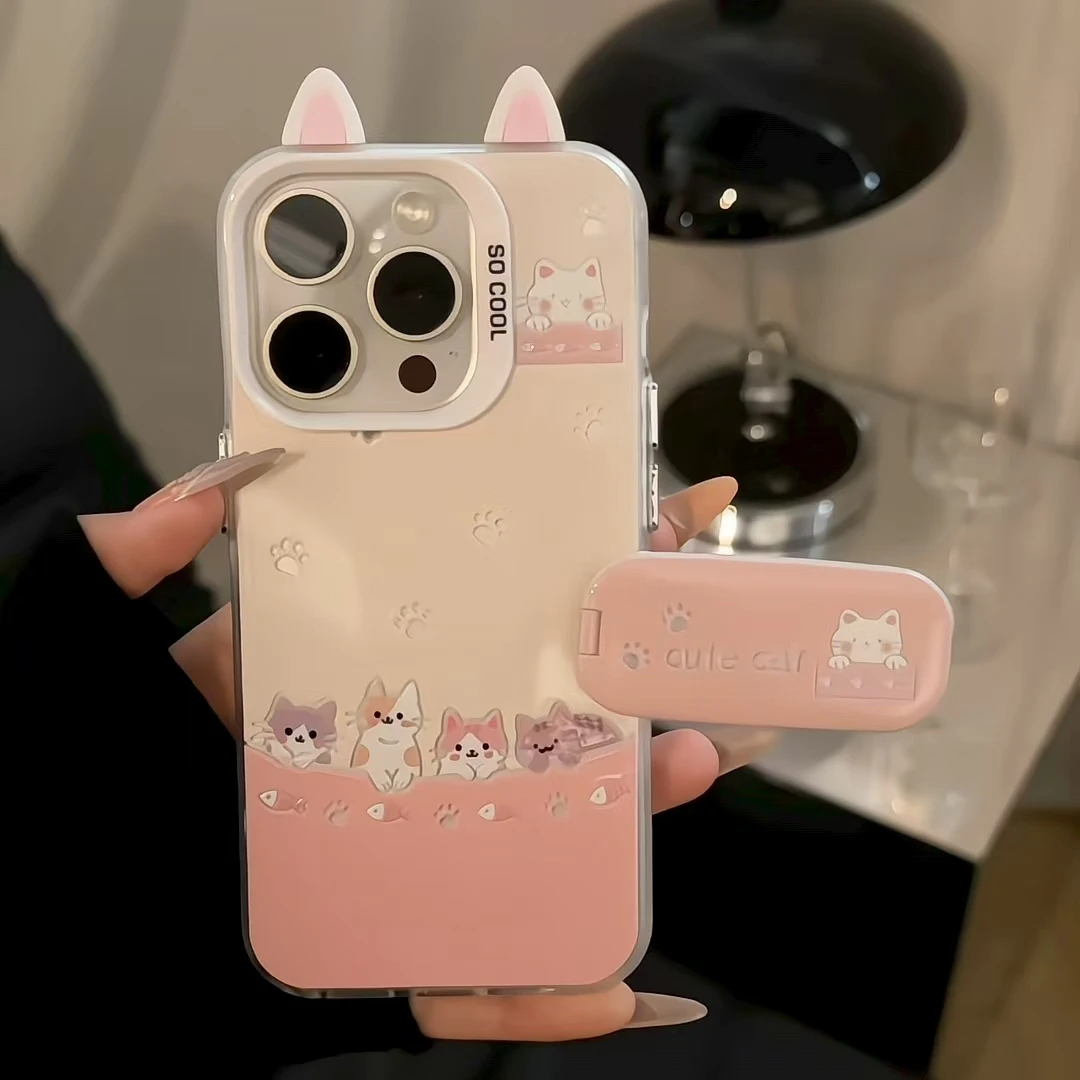 磨砂彩银四只小猫ins支架手机壳适用苹果16华为p70oppo小米15vivo